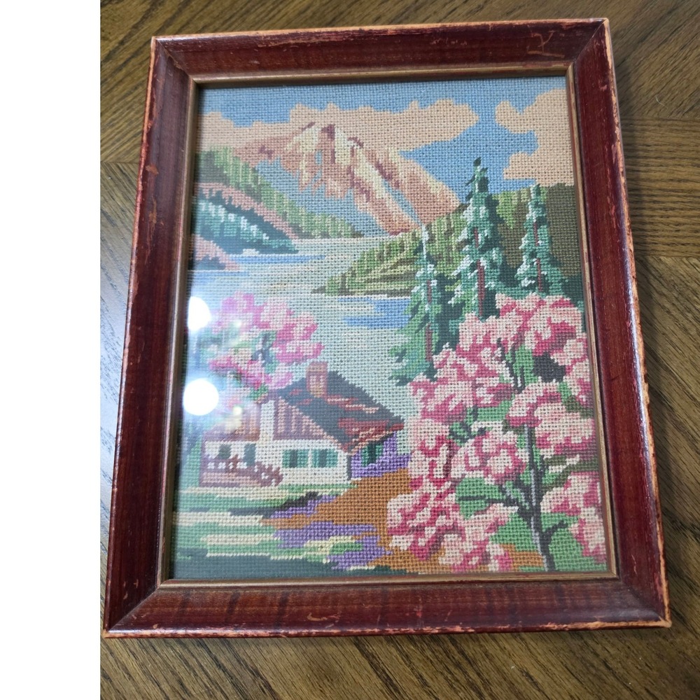 Vintage Framed Needlepoint Alpine Mountain Landscape Cabin Lake Scene 8.5x10.5